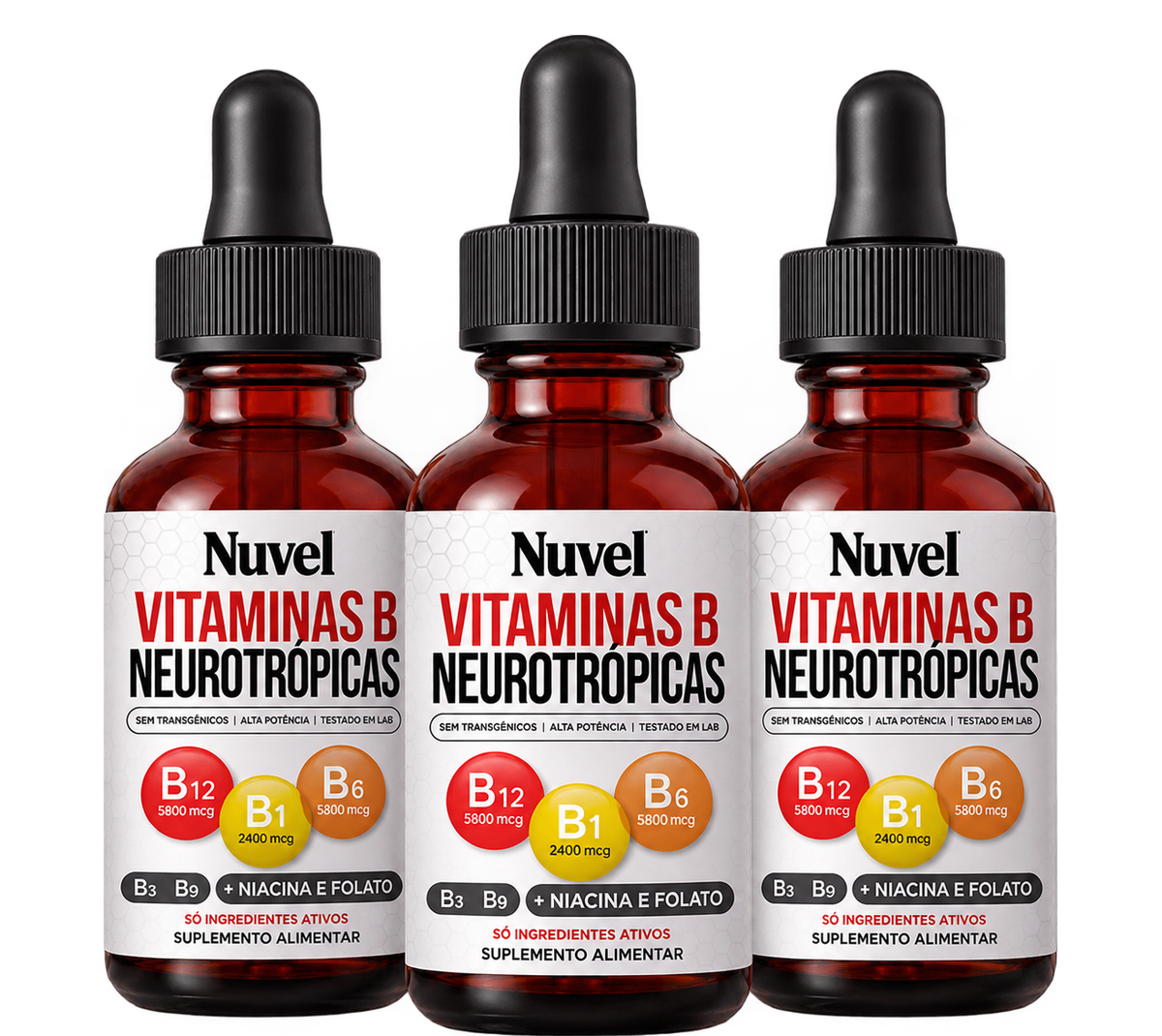 Três frascos de Vitaminas B Neurotrópicas Nuvel