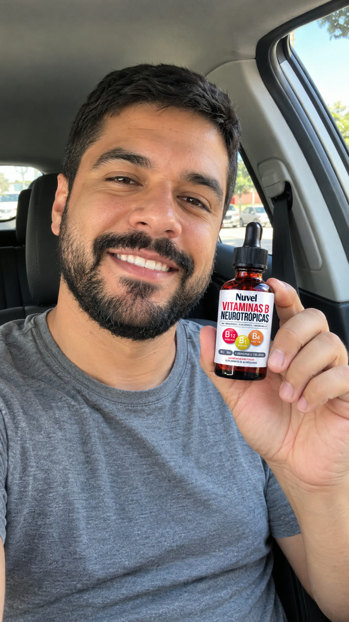 Cliente segurando o frasco de Vitaminas B Neurotrópicas Nuvel no carro